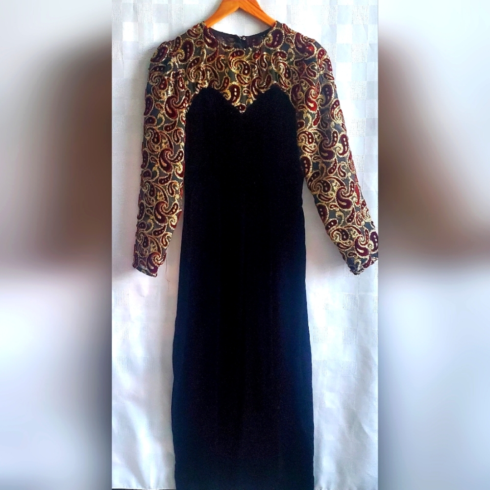 Vintage Burnt Out Black Velvet Maxi Dress Metallic Threads Paisley Handmade